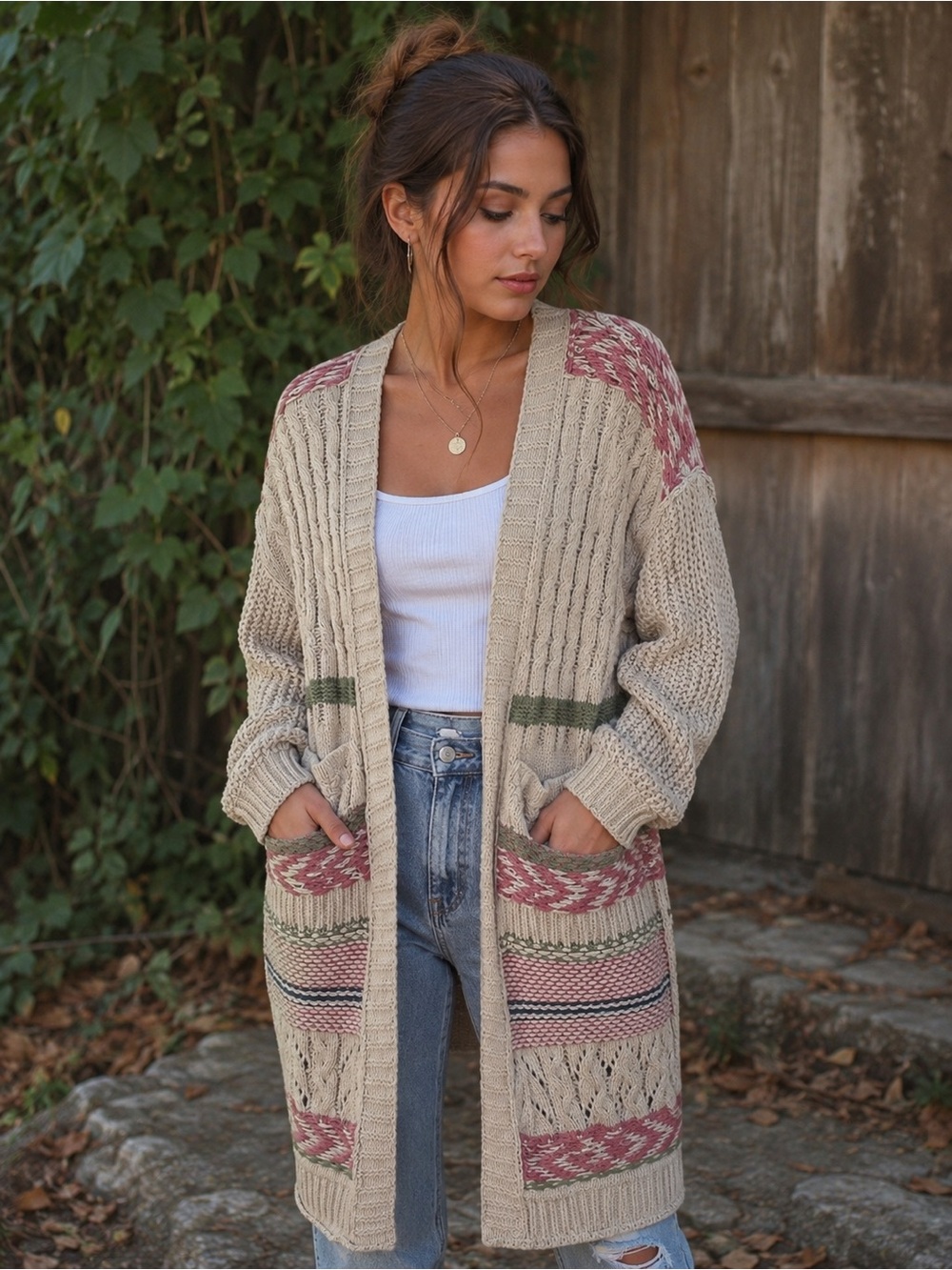 POL Beige & Dusty Rose Patterned Open-Front Knit Cardigan Sweater - Picture 1 of 7